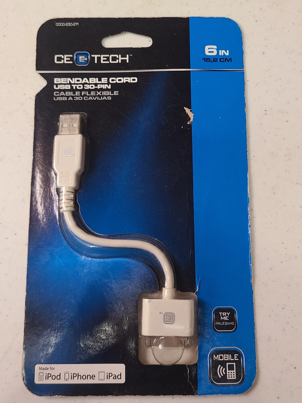 CE TECH 6" Bendable Cord USB to 30-Pin Cable for iPod iPhone iPad New In Pack